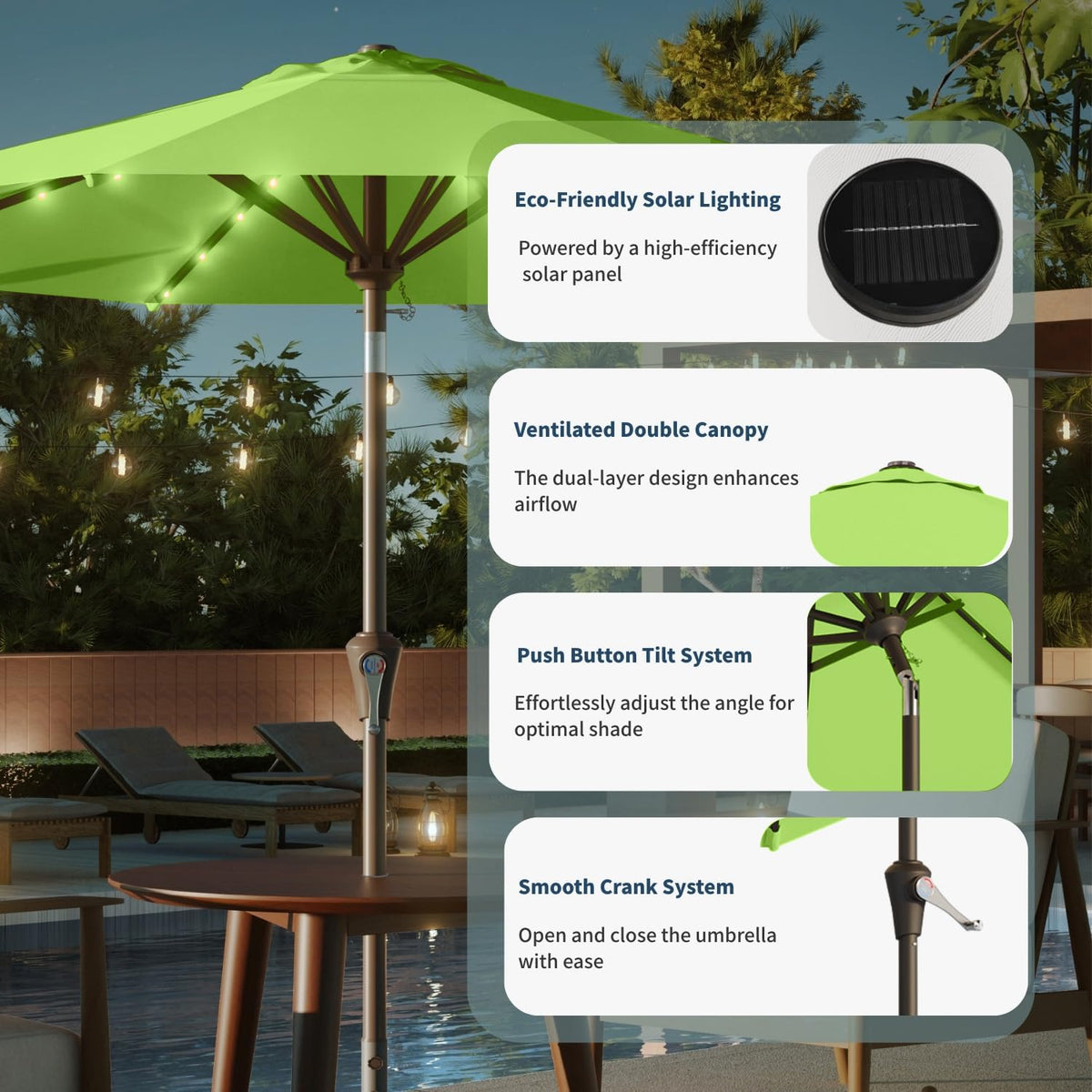 9FT Solar Umbrella 32 LED Lighted Patio Umbrella Table Market Umbrella w/Tilt and Crank, UV-Resistant Outdoor Umbrella for Pool, Garden, Deck, Apple Green