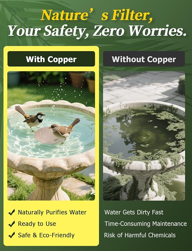 Mellbree Bird Bath Copper Disk, 0.6mm Reinforced 99.99% Pure Copper Cleaning Disk with Triple-Point Support for Physical Safe Clean Water All-Season, Universal Fit for Outdoor Birdbaths, Bowl