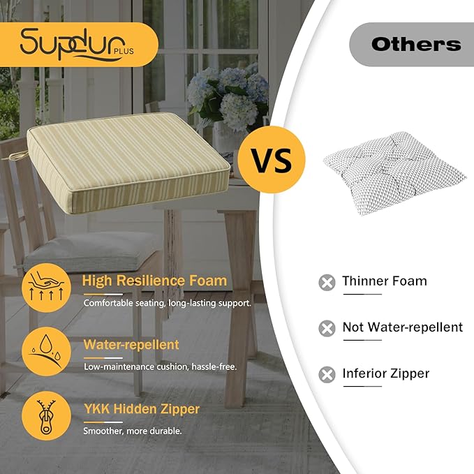 Outdoor Square Corner Seat Cushion, 18.5"x16"x3", Set of 4, Non Slip Seat Cushion Pads with Removable Cover for Patio Furniture, Garden Yard Lawn, Beige Brown Stripe