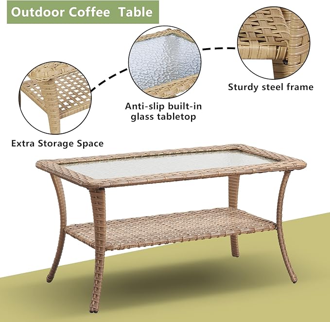 Patio Tables Outdoor Coffee Table - Wicker Rattan Coffee Tables with 2-Tier Storage Shelf Glass Top for Outside Proch Deck Balcony Garden Rectangle Yellow