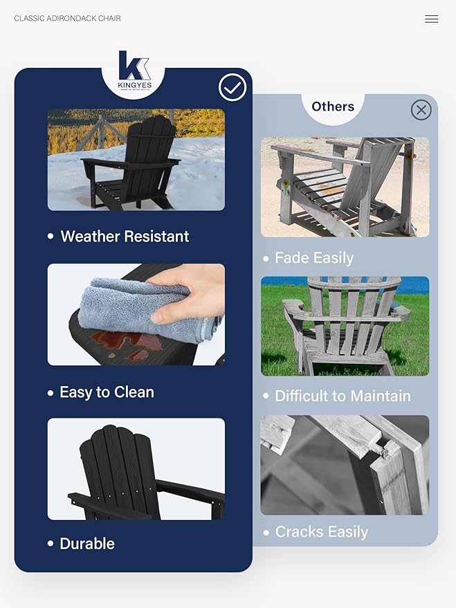 KINGYES HDPE Adirondack Chair, Classic All-Weather Adirondack Chair, Black