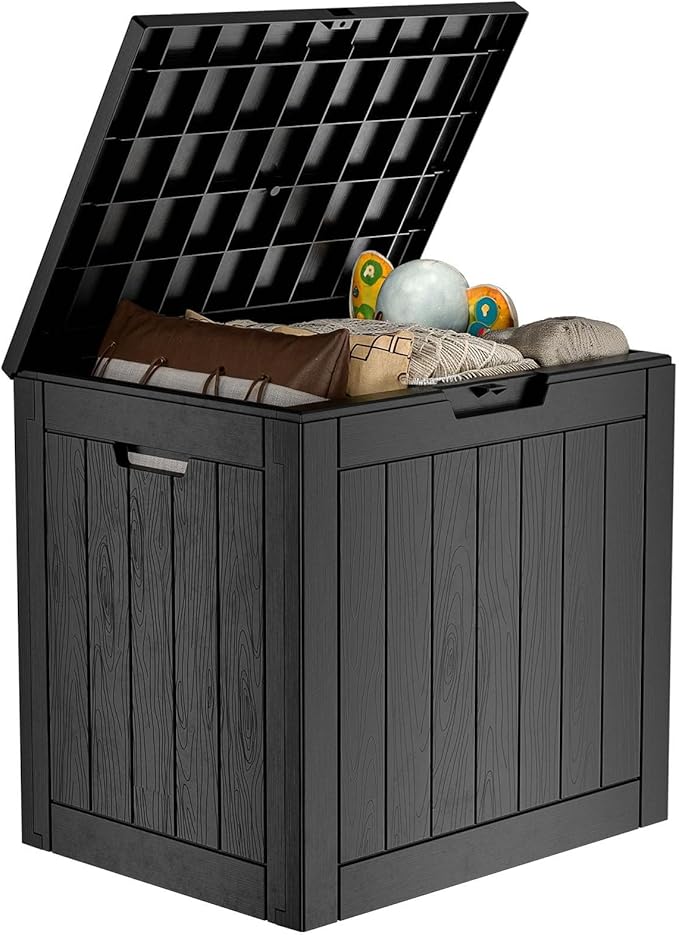 30 Gallon Outdoor Deck Box,Storage Lockable Waterproof Patio Furniture,Garden Tools,Cushions,Pool Accessories Outside Storage Resin Box(Black)