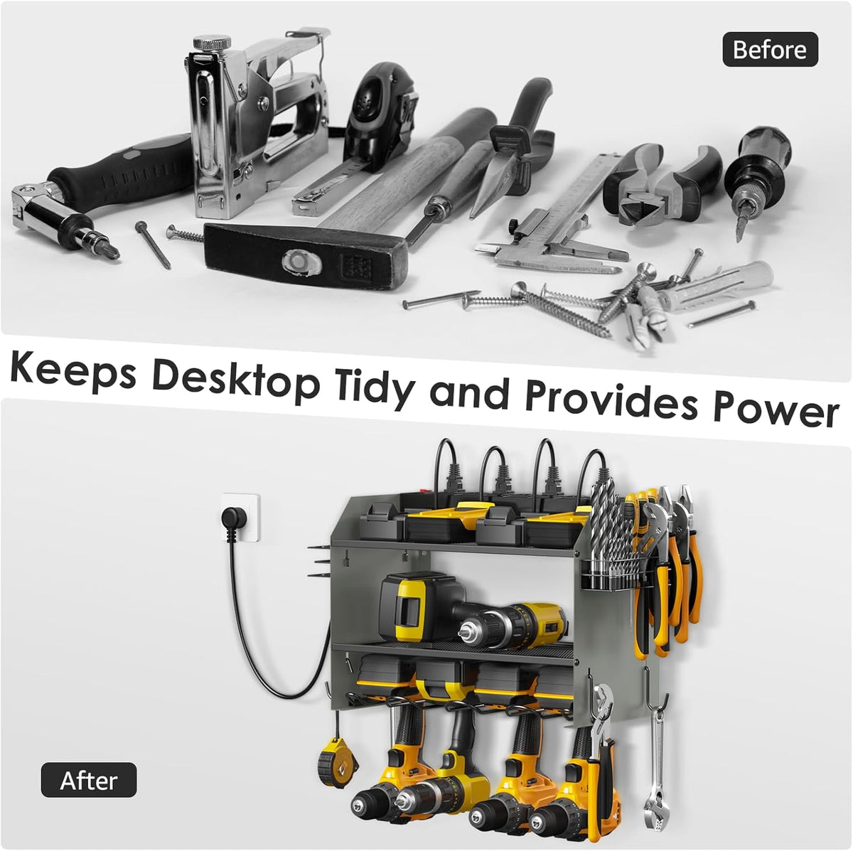 CCCEI Modular Power Tool Organizer Wall Mount with Charging Station. Garage 4 Drill Storage Shelf with Hooks, Drill Bit Heavy Duty Rack, Grey Tool Battery Holder Built in 8 Outlet Power Strip.