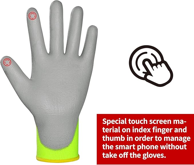 DULFINE Safety Work Gloves PU Coated for Men and Women-12 Pairs,Hi-Vis Seamless Knit Glove with Two Fingers Touchscreen,Ideal for General Duty Work (XX-Large)