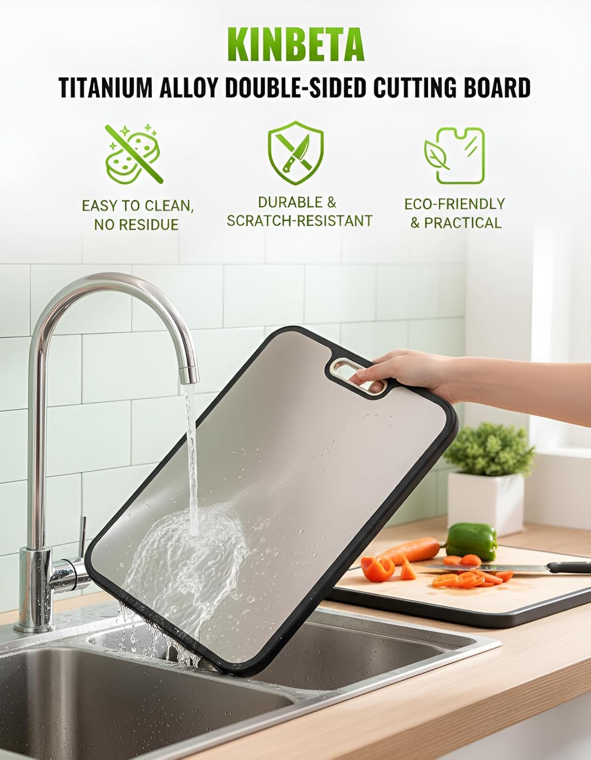 Titanium Cutting Board for Kitchen, Double Sided 2-in-1 Chopping Board with Grinding Area, Food Grade Non Toxic Metal Cutting Board for Meat & Veggies, Easy to Clean, Large Size 16"11"