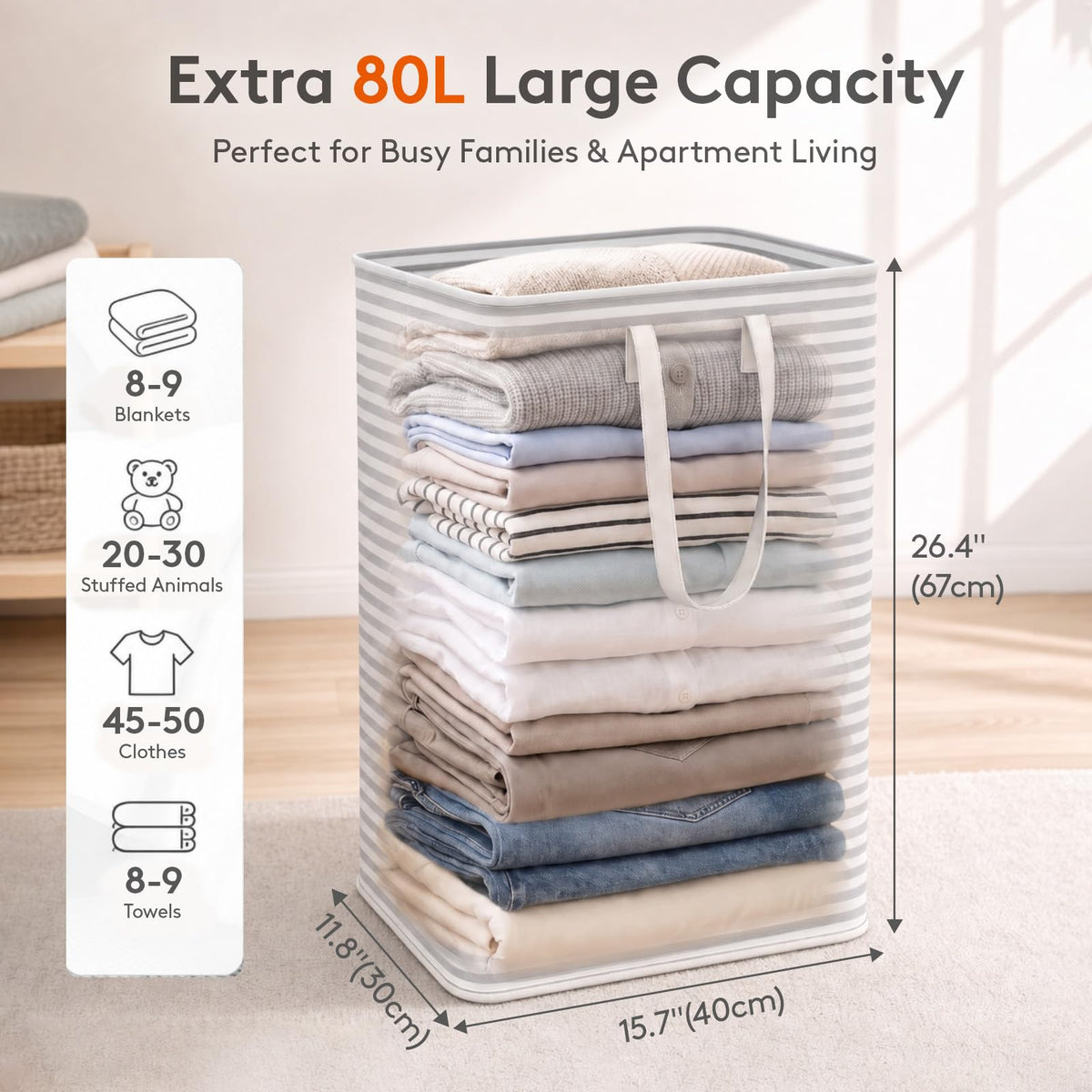 Lifewit 80L Large Laundry Baskets, Laundry Hampers Bags, 2 Pack, Grey