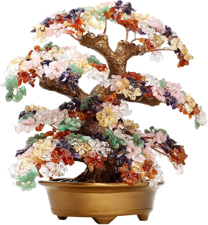 Feng Shui Money Tree Large Pine Tree Style Crystal Quartz Lucky Tree Gem Tree for Office Home Feng Shui Decoration for Wealth/Fortune and Luck (Multicolored)