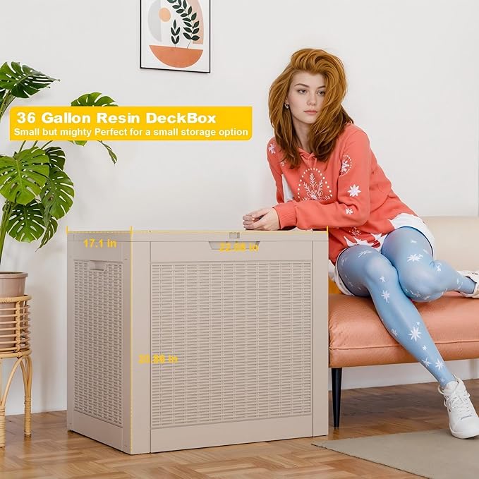 36 Gallon Outdoor Deck Box,Storage Lockable Waterproof Patio Furniture,Garden Tools,Cushions,Pool Accessories Outside Storage Resin Box(Grey Pattern)