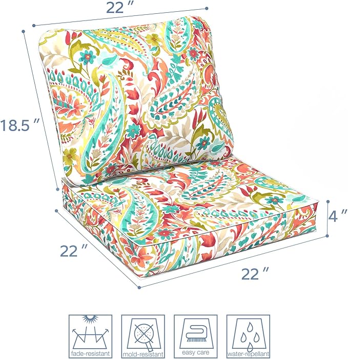 LVTXIII Outdoor Deep Seat Cushion Patio Seat and Back Cushion Set Seasonal Chair Cushion with Removable Cover and Adjustable Buckle for Home and Garden, 22"x22"x4", Pretty Paisley