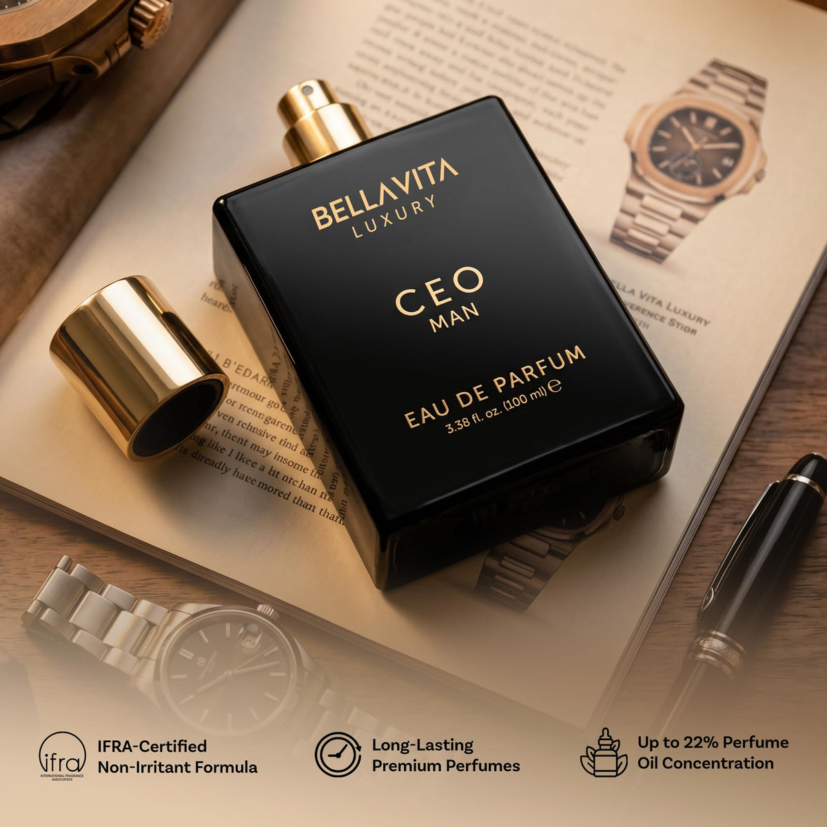 BellaVita Luxury CEO Man Perfume for Men (3.38 fl.oz) | Long-Lasting Men's Perfume with Lemon, Lavender, Tonka Vetiver & Moss Fragrance for Man | CEO Parfum for Men | Valentine's Day Gift for him