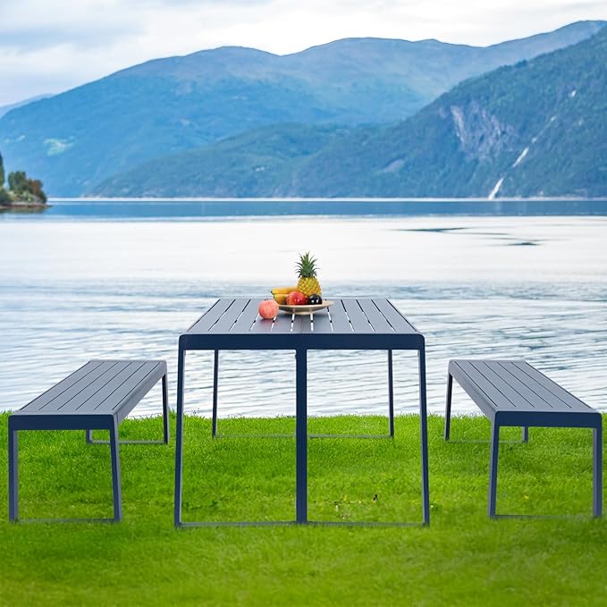 Aoodor 3-Piece Outdoor Patio Dining Set, Aluminum Furniture Set with 1 Rectangular Picnic Table and 2 Benches for Garden, Lawn, Yard
