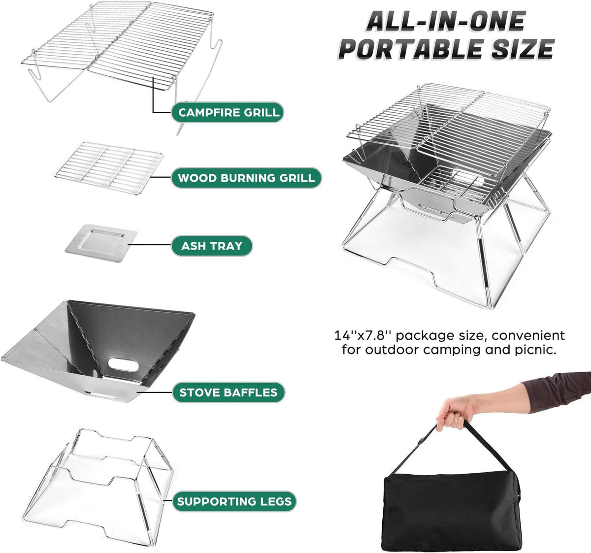 Odoland Folding Campfire Grill, 304 Stainless Steel Grate Barbeque Grill, Portable Camping Grill with Legs for Picnics, Backpacking, Outdoor with Carrying Bag and Kitchen Tongs