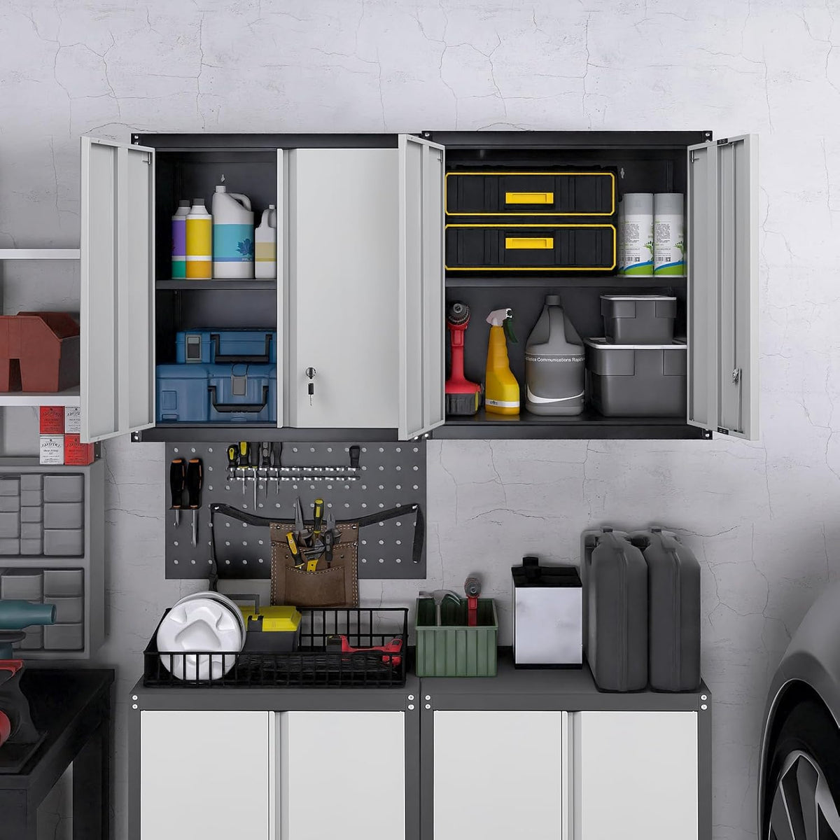 LUCYPAL Garage Wall Cabinet,Metal Wall Storage Cabinet with Adjustable Shelf and Locking Doors,Floating Utility Cabinets for Warehouse/Basement/Kitchen (Black&Grey,27.95" H)