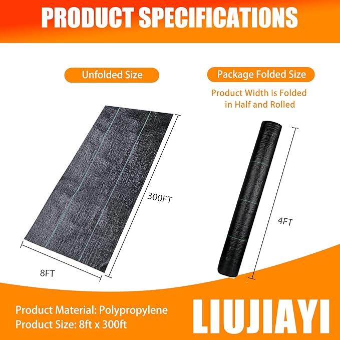 LIUJIAYI 2.4oz-8FTx300FT Weed Barrier Landscape Fabric - Durable Weed Block Gardening Ground Cover Mat, Woven Geotextile Fabric for Underlayment, Commercial Driveway Stabilization, Weed Control Cloth