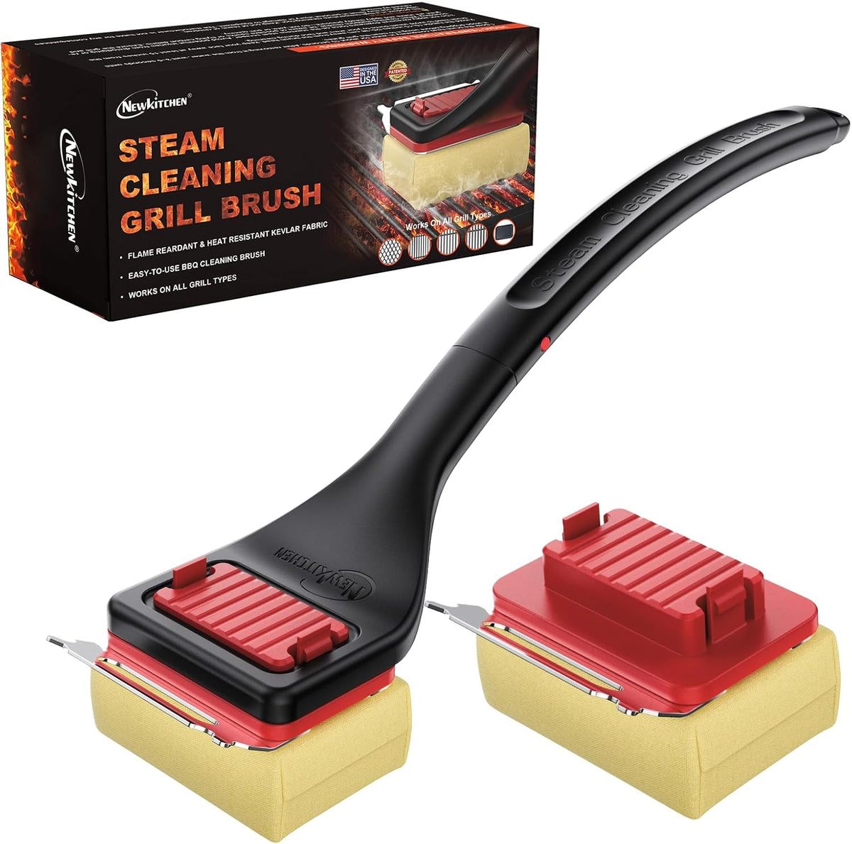 Grill Brush Bristle-Free Steam Cleaning, BBQ Brush Replaceable Heat-Resistant Kevlar Head with Grill Scraper Safe Barbecue Grill Cleaner for All Grill Types (2 Pack Cleaning Head)