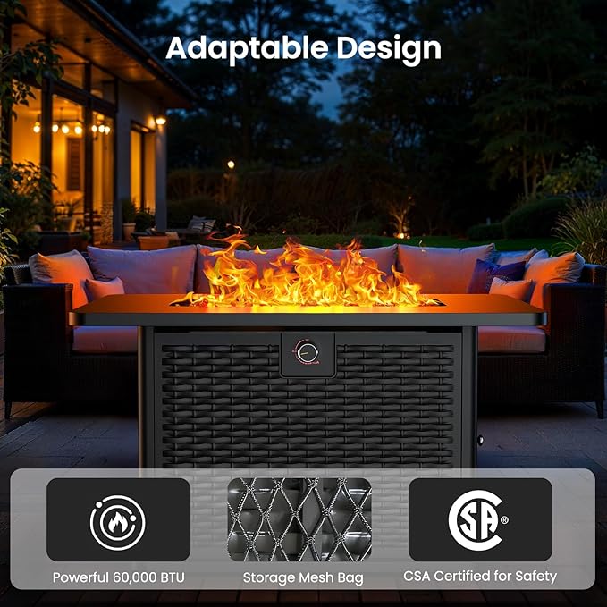 Ciays 43-Inch Rectangular Propane Fire Pit with 60,000 BTU Output, Gas Fire Pit with Cover and Rocks, Fire Pit Table CSA-Certified 2 in 1 Table Gatherings Parties with 304 Stainless Steel H-Burner