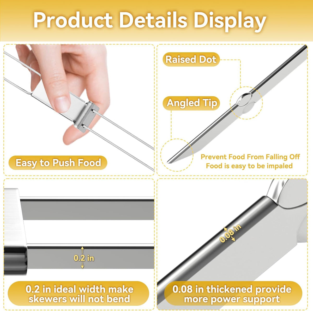 Skewers for Grilling - 13" Kabob Skewers with Push Bar Double Pronged Anti-Roll Metal Skewer for Kabobs, Stainless Steel Reusable BBQ Skewer for Grilling,Ideal for Meat Shrimp Vegetable 6pcs