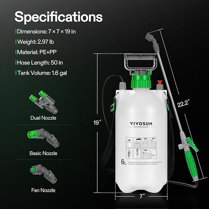 VIVOSUN Pump Sprayer 1.6 Gallon, Portable Water Spray Bottle for Lawn and Garden Yard, Weed Sprayer for Plants with 3 Nozzles, Adjustable Shoulder Strap, Pressure Relief Valve