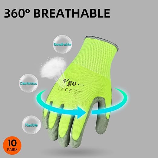 Vgo... 10-Pairs Safety Work Gloves, Gardening Gloves, Polyurethane Coated, Dipping Gloves, Latex Free (Size S, Yellow, PU2103)