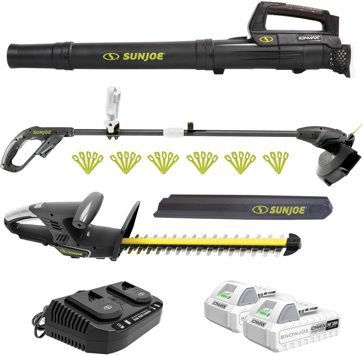 Sun Joe 24V IONMAX Cordless Leaf Blower, Grass and Hedge Trimmer Outdoor Garden Combo Power Tool Kit with Batteries and Charger, 24V-GT4MAX-LTE