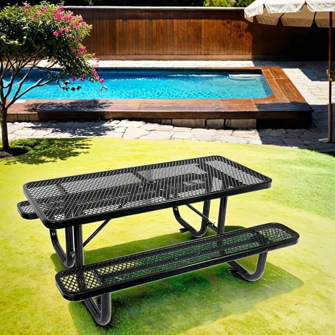 6 ft. Rectangular Outdoor Steel Picnic Table with Umbrella Pole, Heavy-Duty Weather-Resistant Dining Table for Patio, Backyard, and Garden, Rust-Resistant Finish, Black