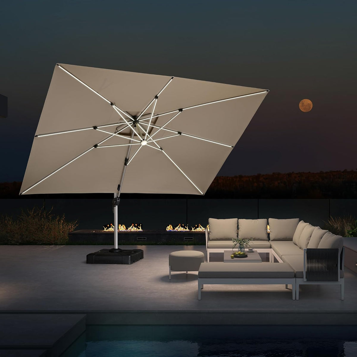PURPLE LEAF 10' X 13' Double Top Deluxe Solar Powered LED Rectangle Patio Umbrella Offset Hanging Umbrella Outdoor Cantilever Umbrella, Beige