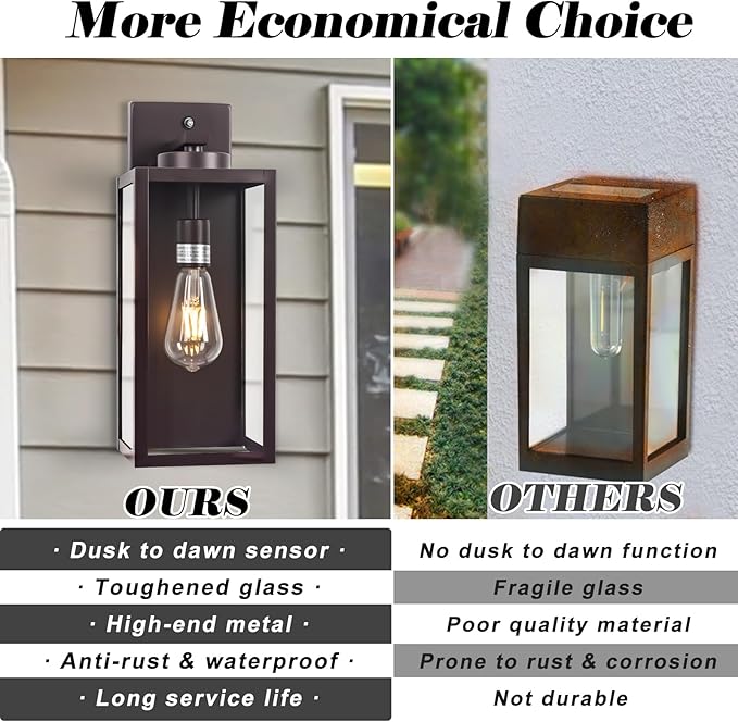 Oil-Rubbed Bronze Dusk to Dawn Outdoor Wall Light, Large 16" Exterior Wall Lantern Waterproof, Brown Farmhouse Porch Sconce, Modern Wall-Mounted Outside Light Fixture for House Garage, Patio Lamp