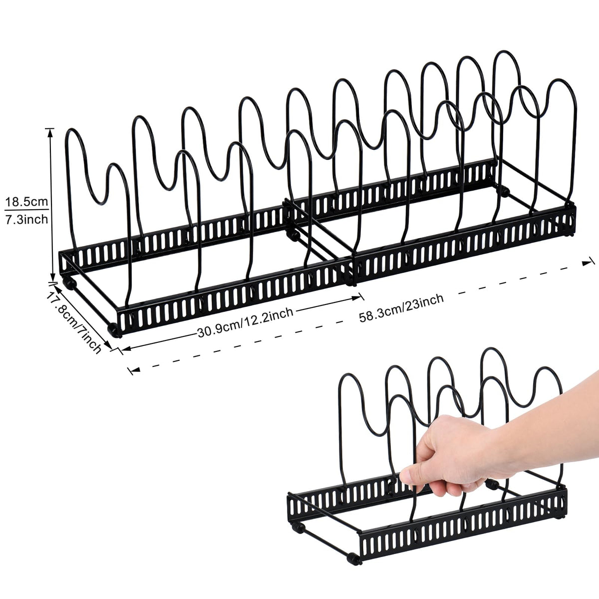 Toplife Pots and Pans Organizer Rack for Cabinet and Countertop, 10+ Pot Lids, Bakeware and Cookware Holder with 10 Adjustable Compartments - Black