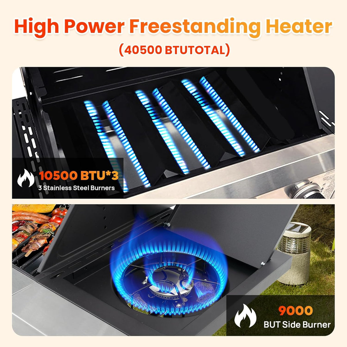 3-Burner Propane Gas BBQ Grill with Side Burner, Porcelain-Enameled Cast Iron Grates and Side Tables, 40,500 BTU Stainless Steel Grill for Outdoor Camping Barbecue Grilling Backyard Cooking
