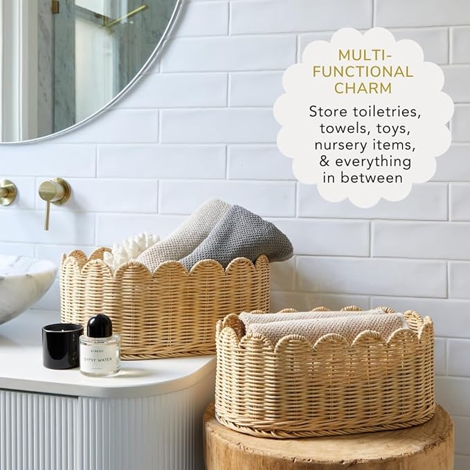 BEBE BASK Premium Scalloped Basket Set Of 2 - Scallop Basket - 16 x 10 x 7 Inch - Hand-Woven Elegant Wicker With Scalloped Edge - Nursery Storage (Natural)