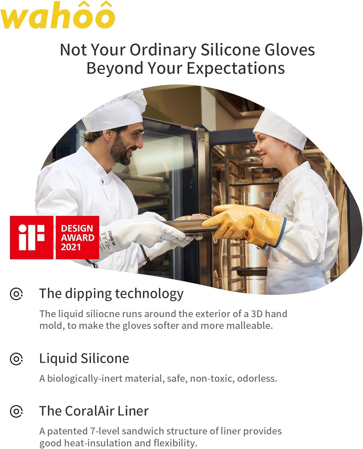 wahoo Professional Liquid Silicone Oven Mitts Gloves, Heat Resistant Gloves for Cooking, Baking, CoralAir Liner, 12 Inch, Yellow, X-Large