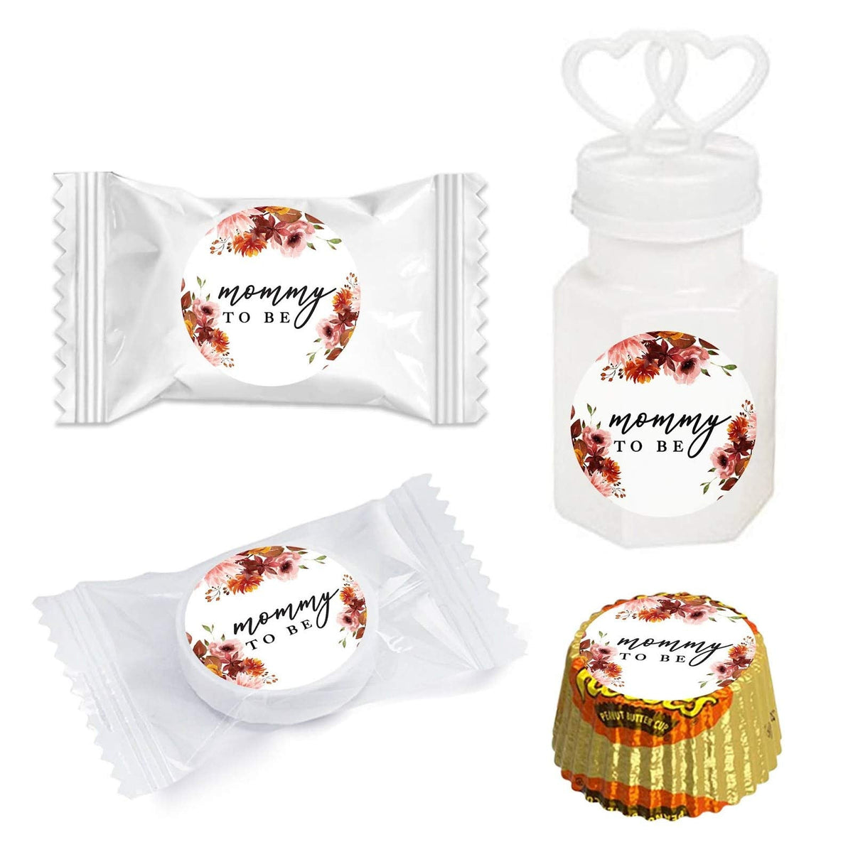 Andaz Press Fall Burgundy Marsala Baby Shower Party Collection, Chocolate Drop Label Stickers Trio, Mommy to Be, Marsala Floral and Pumpkin Graphic