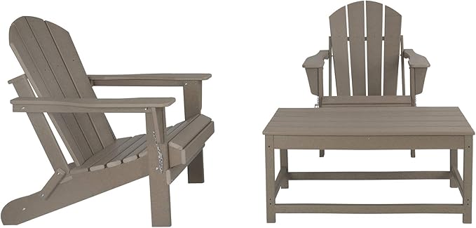 WO Home Furniture Adirondack Chairs Table Set of 3 PCS Outdoor Folding Chairs Coffee Table Weather/UV Resistant for Lawn, Garden, Bon Fire, Balcony (Weathered Wood)