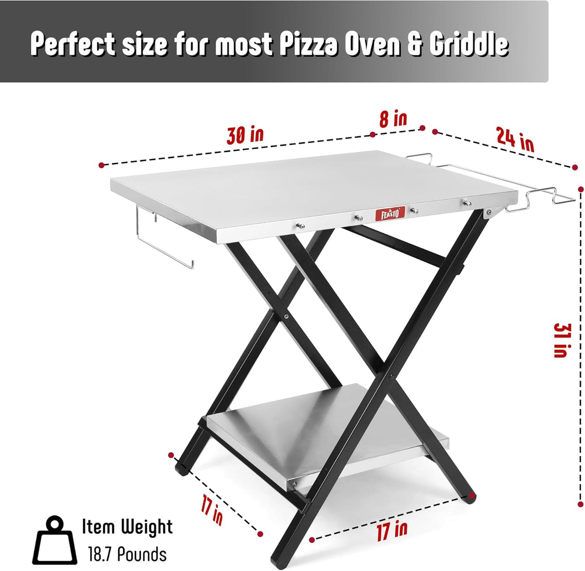 Outdoor Grill Table, Foldable Pizza Oven Stand & Blackstone Griddle Stand with Garage Rack & Tissue Holder, Folding Outdoor Prep Table for Gathering and Party, 30" x 24", Stainless Steel