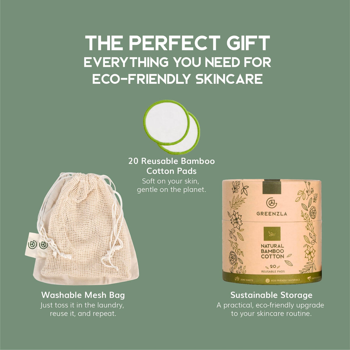 GREENZLA Reusable Makeup Remover Pads | 20 Pack | Bamboo Cotton Rounds