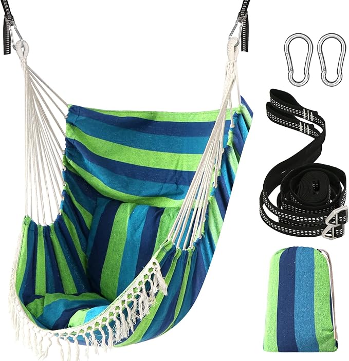 Chihee Hammock Chair Hanging Swing 2 Pillows Included,Strong Webbing Straps and Hooks for Easy Hanging Soft Cotton Hanging Chair Side Pocket Tassel Chair Comfort Indoor Outdoor Blue Green