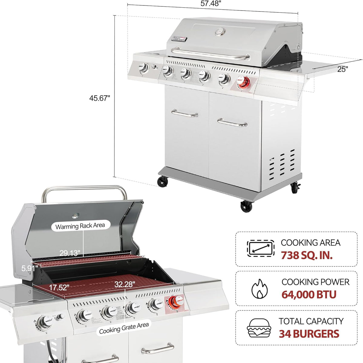 Royal Gourmet 5-Burner Propane Gas Grill with Side Burner, Stainless Steel Barbeque Grills, Silver, GA5404S