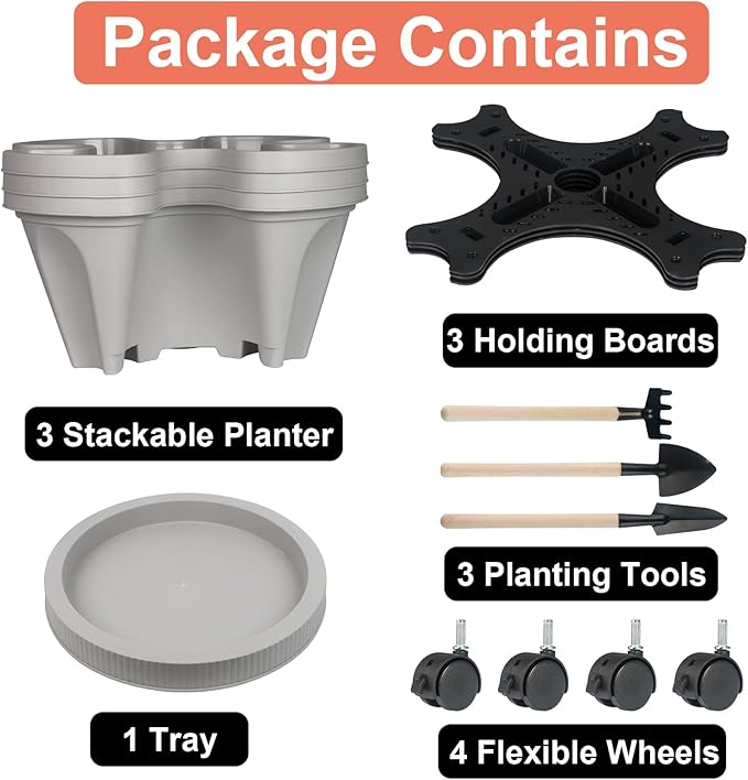 Vertical Planter 3 Tier Stackable Planters Garden Planters Strawberry Herb Flower and Vegetable Planter Indoor Outdoor Gardening Pots with Removable Wheels and Tools
