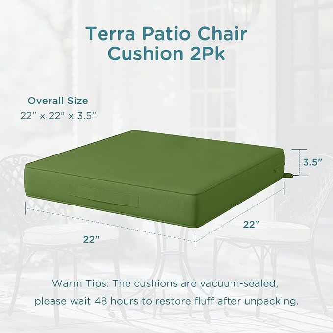 Codi Outdoor Seat Cushions for Patio Furniture 22x22 Inch, Waterproof Chair Cushion with Handles & Adjustable Straps, Fade Resistant - Set of 2, Green