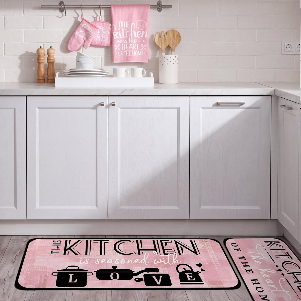 Sratte 10 Pcs Kitchen Decor Accessories Set 4 Kitchen Dish Towels 2 Pot Holders 2 Oven Mitts 2 Rugs for Cooking Baking BBQ Housewarming Gifts(Pink,Abstract)