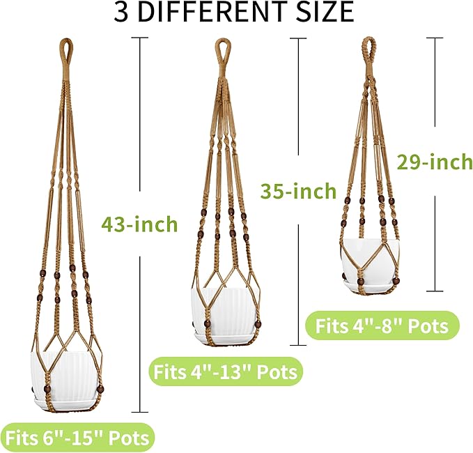 3 Pack Macrame Plant Hanger - 43"/35"/29" Different Sizes, Hanging Planter Basket Flower Pot Holder for Indoor Outdoor, with Wood Beads, Boho Home Decor, Brown (POTS NOT Included)