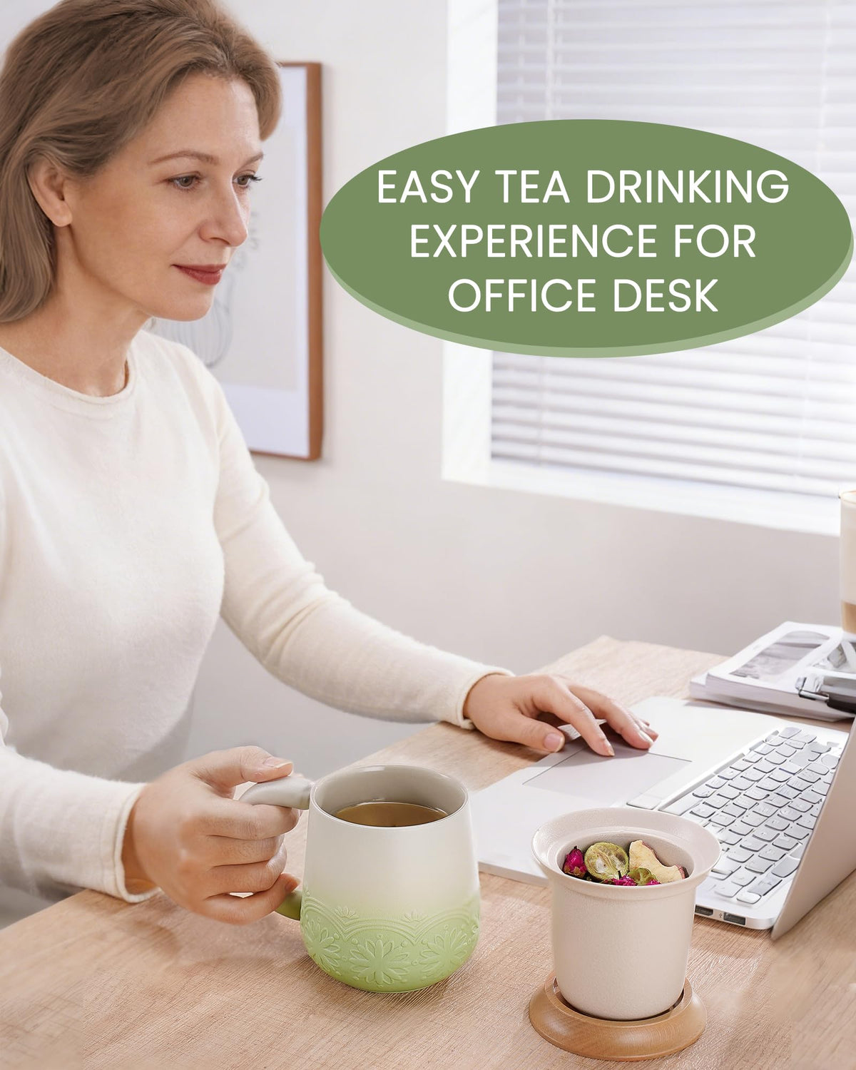 ZENS Tea Mug with Infuser and Lid for Loose Leaf Tea Steeper, 12oz Green