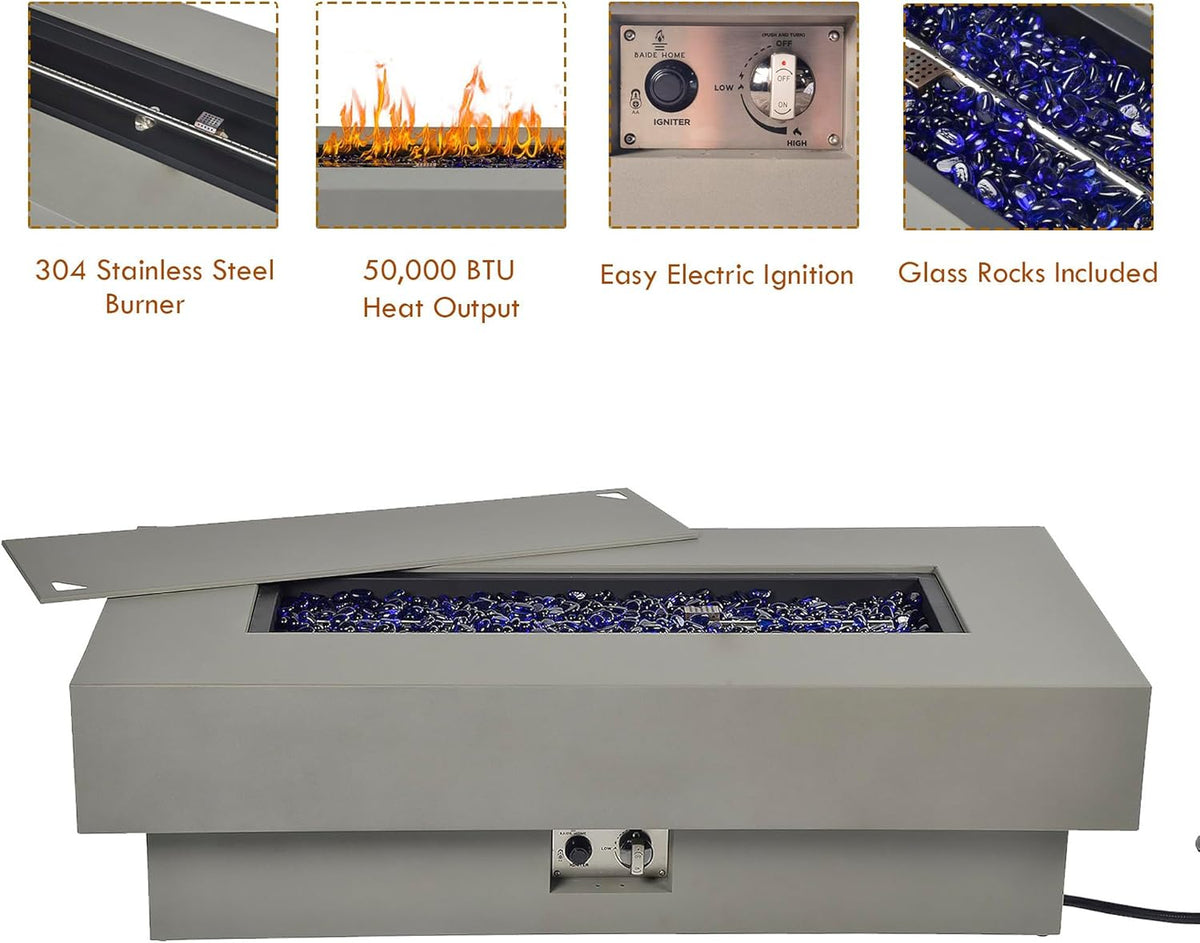 48-inch Fire Table with Natural Gas Conversion Kit, 50,000BTU Outdoor Modern Patio Fire Pit Table w/Rectangular Burner Lid, Glass Rocks, Cover