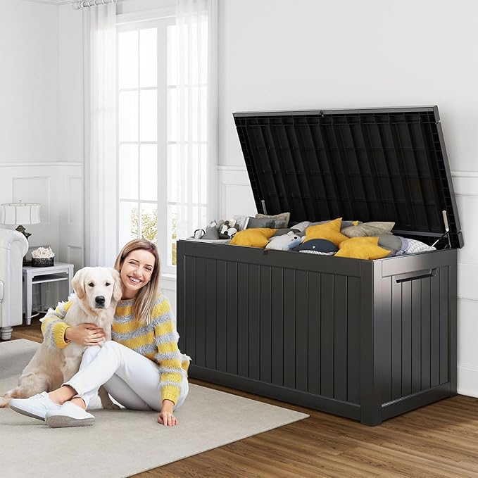 230 Gallon Resin Deck Box, Lockable Patio Outdoor Storage Box for Furniture, Garden Tools and Tools Storage, Waterproof Outside Storage Boxes - Black