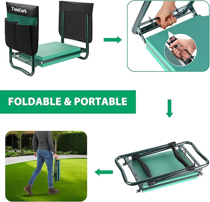 TomCare Garden Kneeler and Seat 10.64” Wider Larger Soft Kneeling Pad Garden Bench with 2 Large Tool Pouches Heavy Duty Garden Stool Foldable Tools Gardening Gifts for Women Men Gardeners