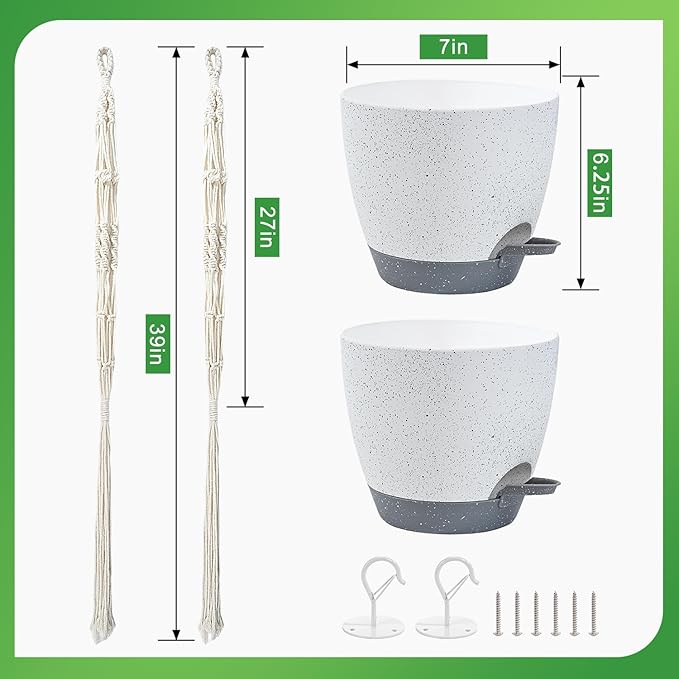 Hanging Planters for Indoor Plants with Self-Watering Hanging Pots for Plants, 2 Pack Macrame Hanging Plant Holders with Drainage Hole & Two Ceiling Hooks, Plant Hangers for Houseplants (7 Inch)