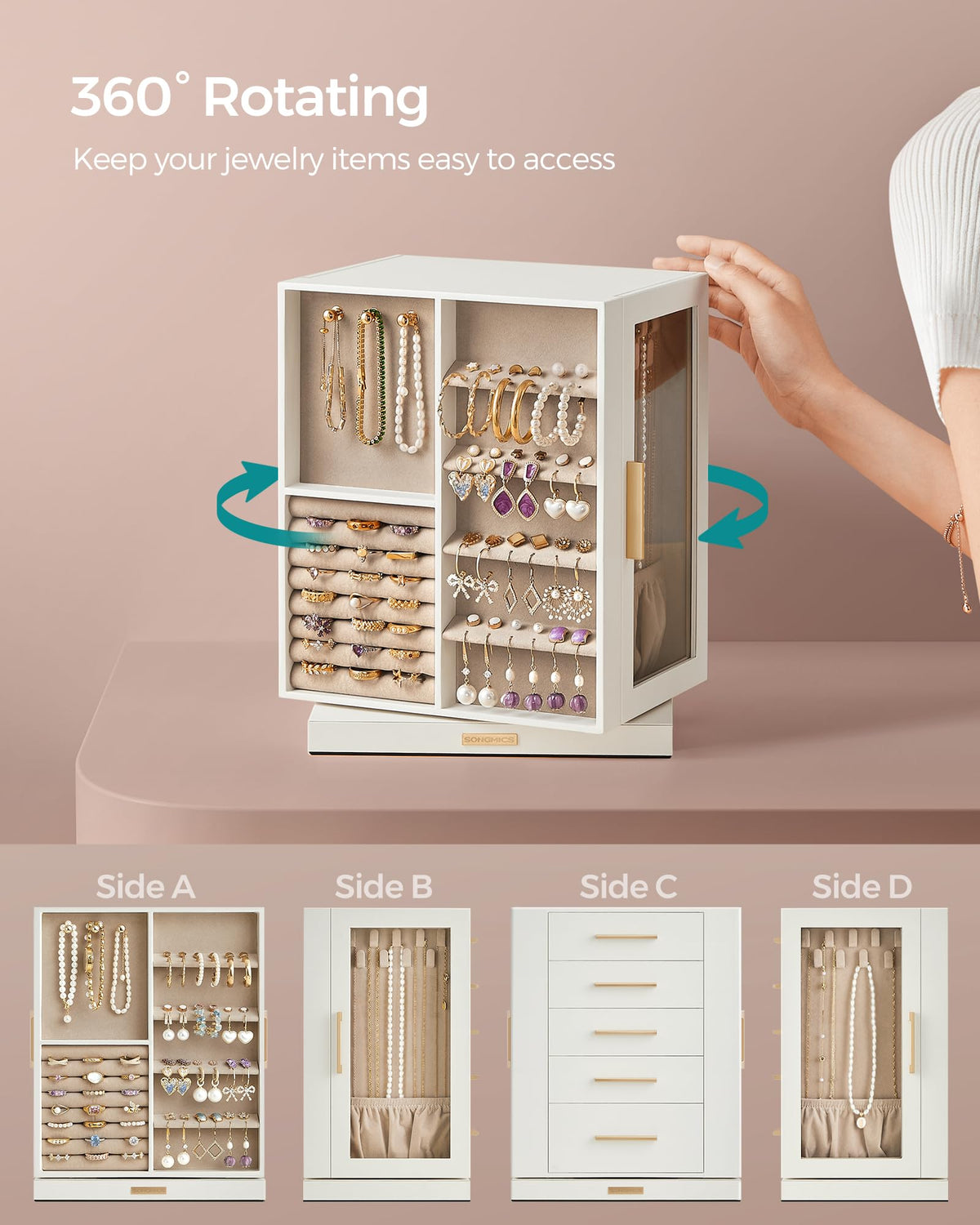 SONGMICS Jewelry Box Organizer, 360° Rotating, 5 Drawers, Cloud White