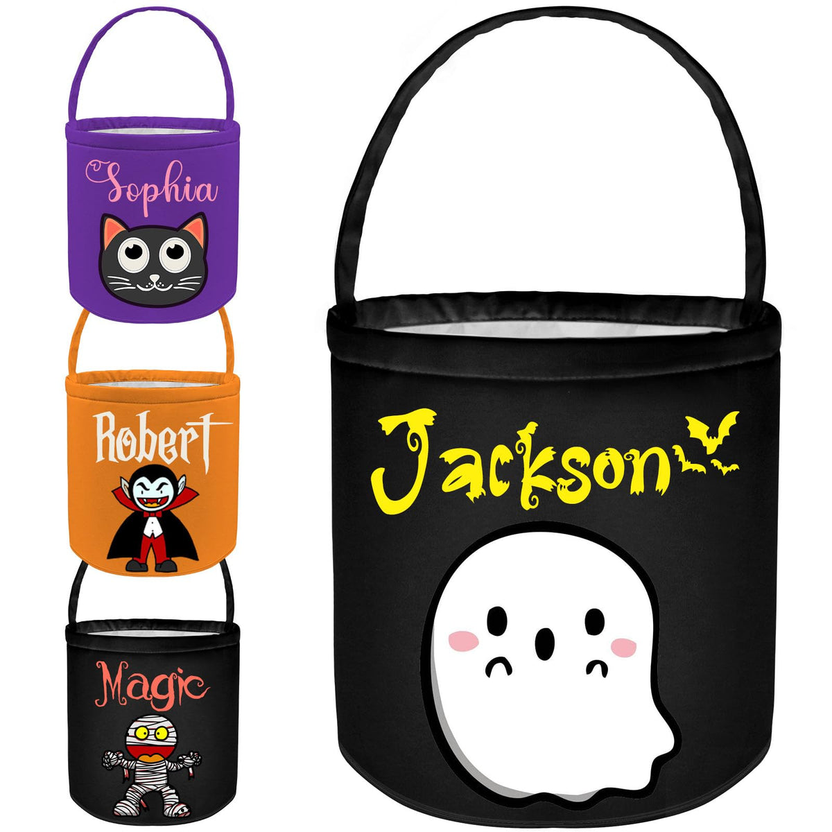 Personalized Halloween Bucket with Name Custom Halloween Trick or Treat Basket Bag Customized Candy Buckets Gift for Kids Boys Girls Black