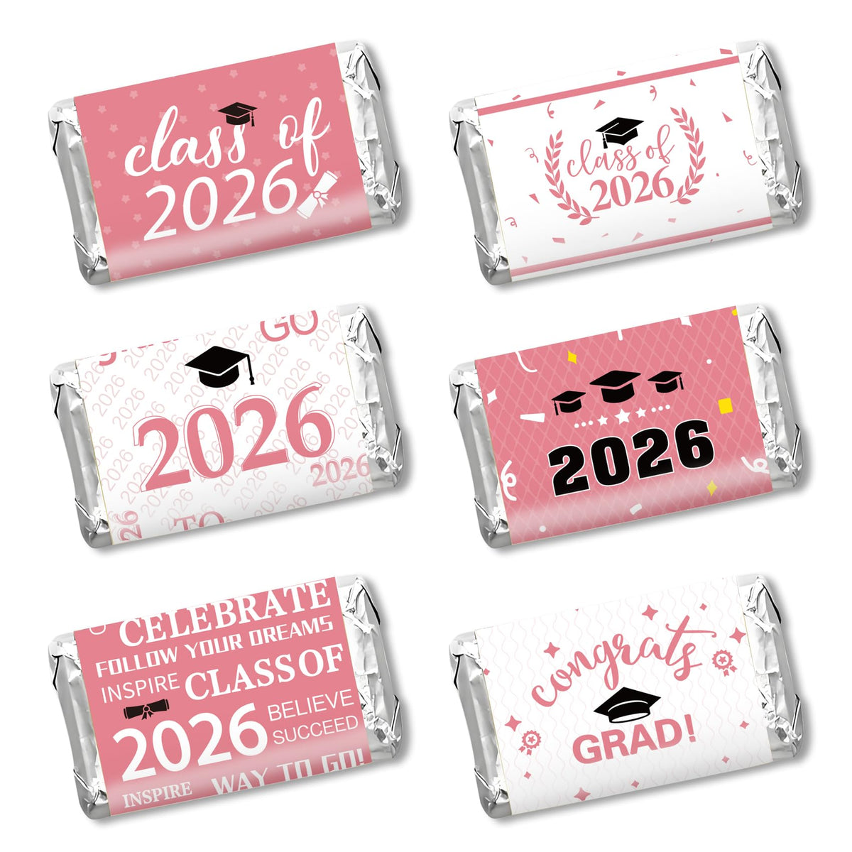 Graduation Party Decorations 2025 Graduation Label Stickers, 240PCS Congrats Grad Mini Pink White Candy Wrapper Class Of 2025 Chocolate Bar Stickers
