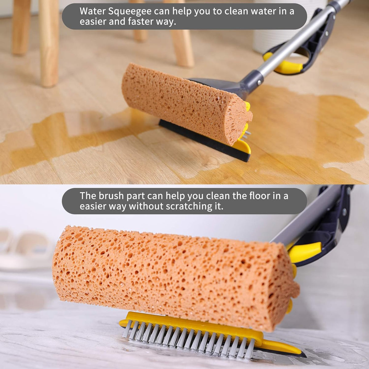 Yocada Sponge Mop Home Commercial Use Tile Floor Bathroom Garage Cleaning Total 2 Sponge Heads NOT 3 Telescopic Handle Squeegee from 42.5 to 52 Inches Easily Dry Wringing only 2 Heads